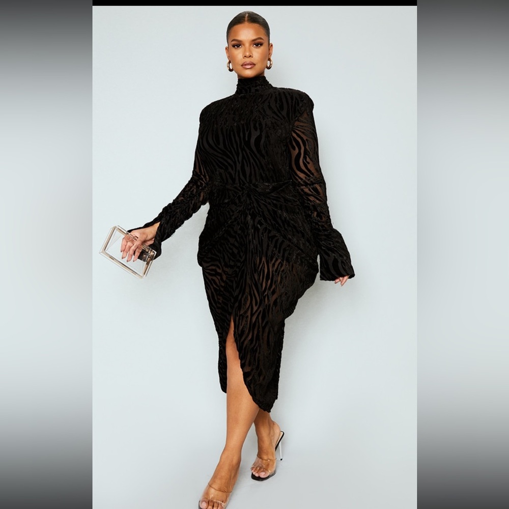 Black Zebra Devore High Neck Draped Midi Dress NWT never worn - Picture 3 of 5